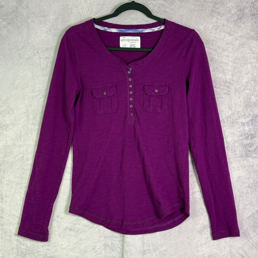 vtg y2k Womens Long Sleeve henley Top sz L Purple Elena Gilbert‎ preppy grunge